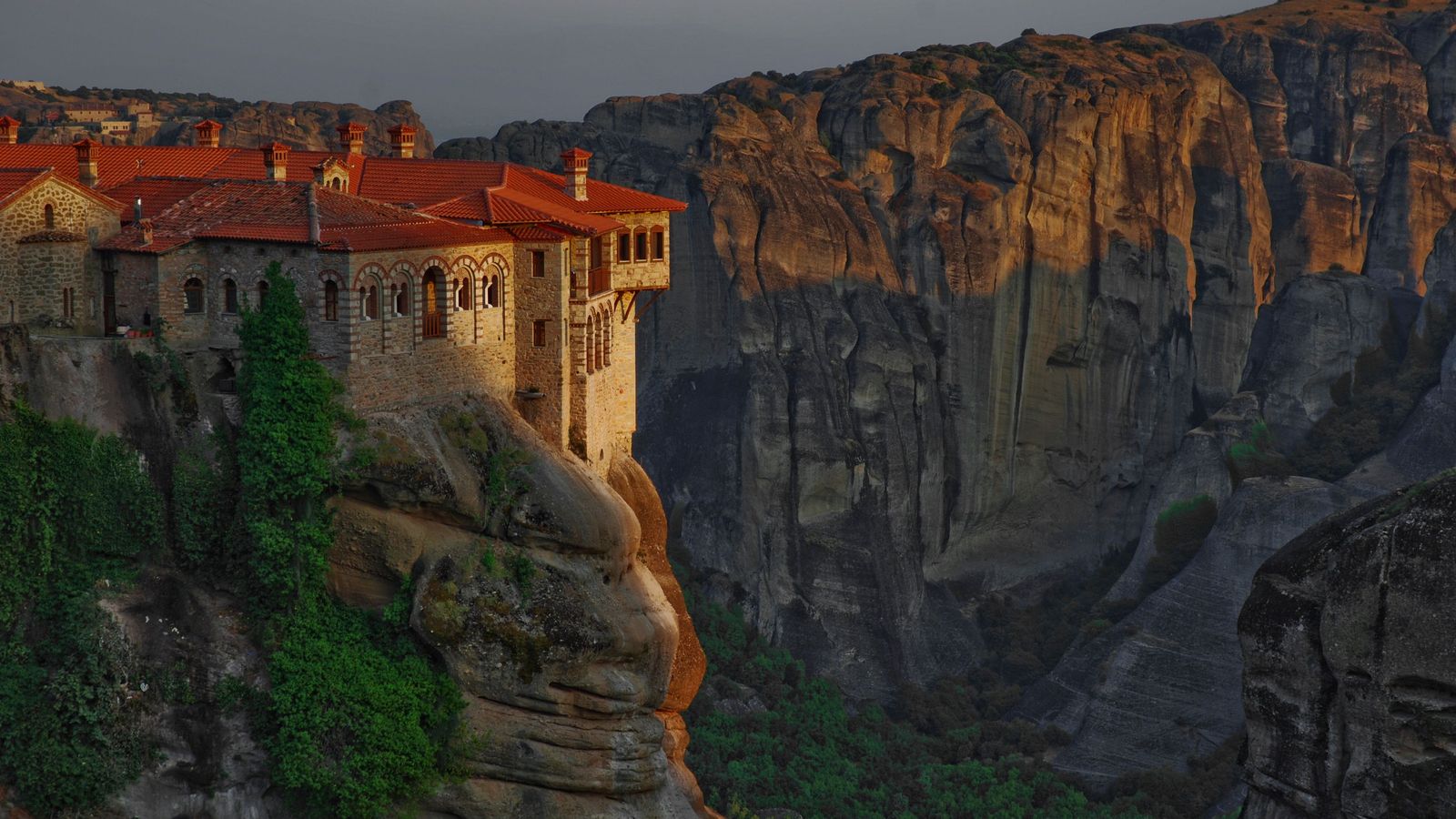 The Great Meteoron monastery on its rock pillar at golden hour