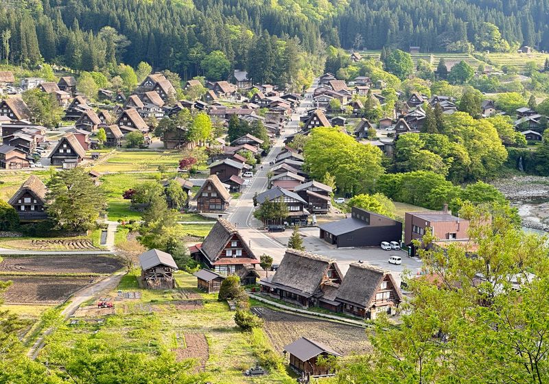 Aerial view of Shirakawa-go village in spring