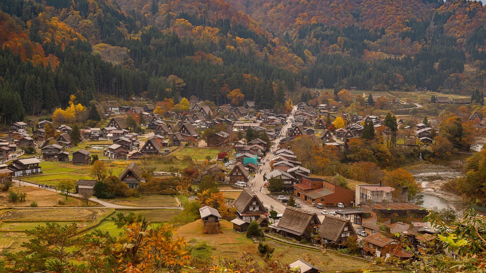 Shirakawa-go village with thatched farmhouses in autumn colours
